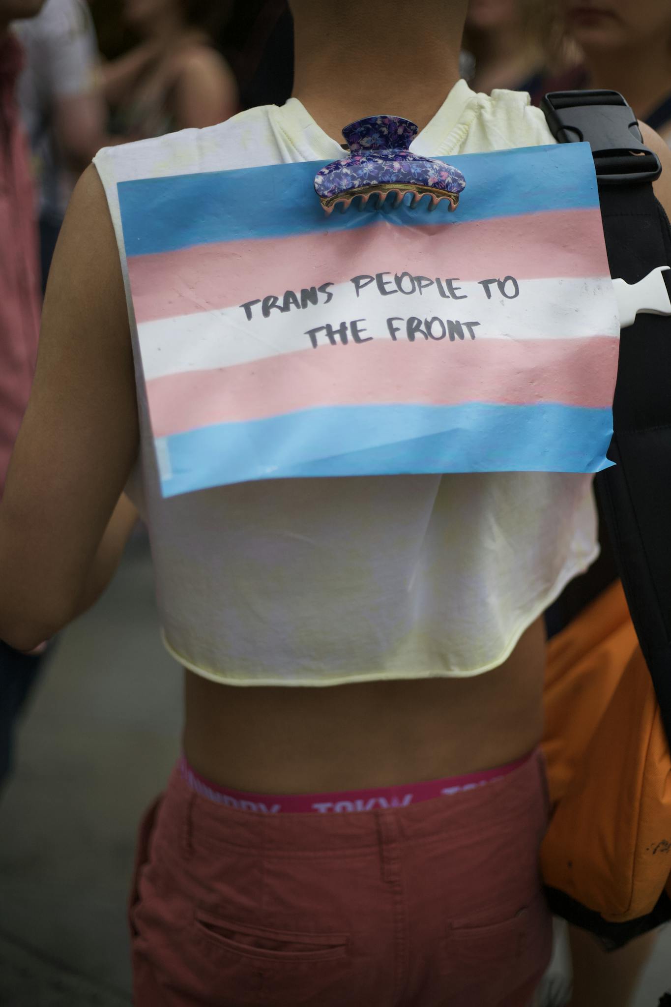 A vibrant display of trans rights activism at a pride parade, featuring a person with a trans flag.